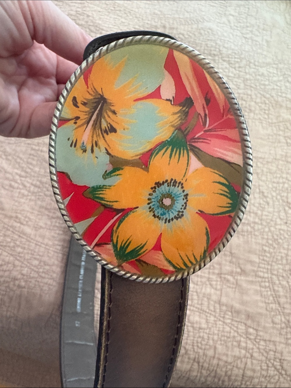 Floral Oval Buckle Brown Leather Women’s Belt - Vibrant Yellow & Red Accent